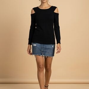 Black Cold-Shoulder Rib Trim Women's Top